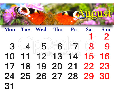 calendar for August of 2015 year with peacock eye