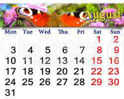 calendar for August of 2015 year with peacock eye
