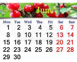 calendar for June of 2015 year with berries of Prunus tomentosa