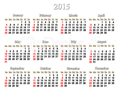 white calendar for 2015 year