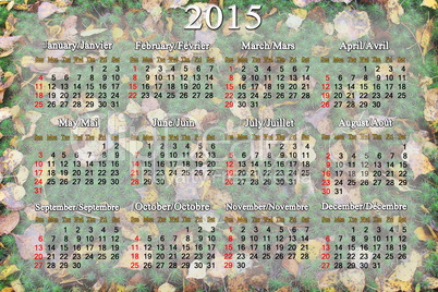 calendar for 2015 year on the background of moss and leaves