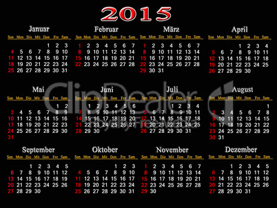 black calendar for 2015 year