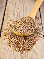 Buckwheat in wooden spoon on board