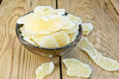 Candied ginger in bowl on board