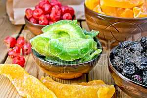 Candied pomelo and other fruits in bowl on board