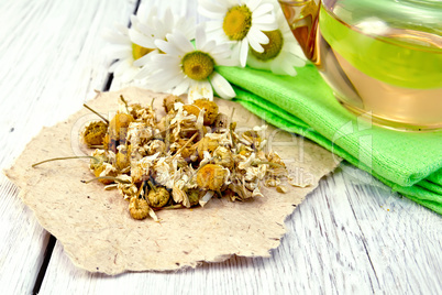 Chamomile dried on paper with glass teapot