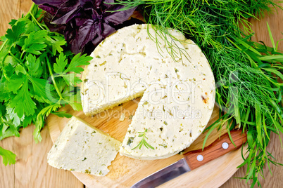 Cheese homemade round with greens on board