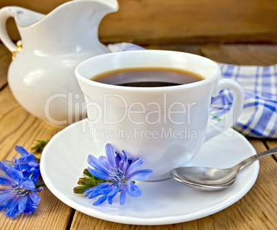 Chicory drink in white cup with milkman on board