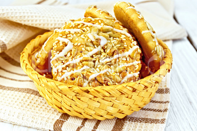 Cookies with sesame and sunflower in wicker bowl