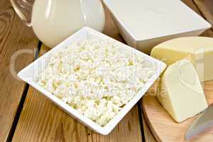 Curd with cheese and milk on board
