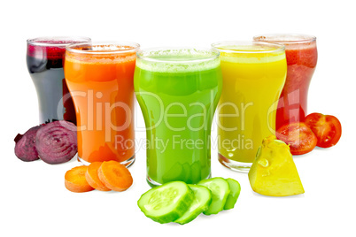 Juice vegetable in five glasses with vegetables