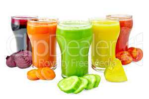 Juice vegetable in five glasses with vegetables