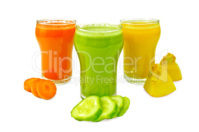 Juice vegetable in three glasses with vegetables