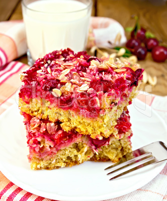 Pie cherry in plate with milk on board