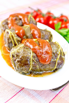 Rhubarb leaves stuffed in plate with sauce on fabric