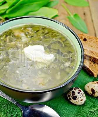 Soup green of sorrel and spinach on board with eggs