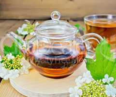 Tea from flowers of viburnum in glass teapot on board