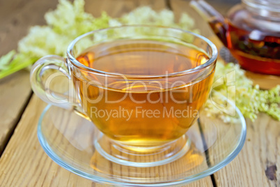 Tea from fresh meadowsweet in glass cup and teapot