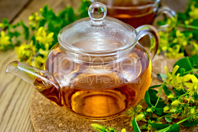 Tea from tutsan in glass teapot on board
