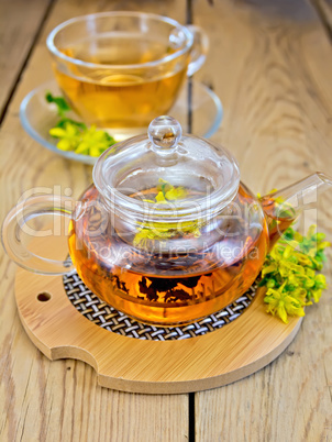 Herbal tea from tutsan in glass teapot on stand with cup