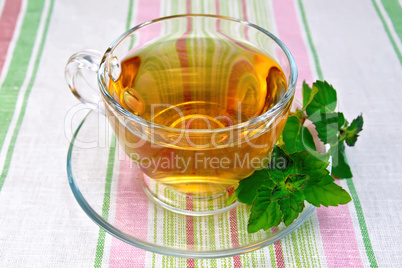 Tea with mint in cup on napkin