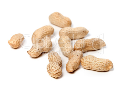 Unpeeled peanuts. Selective focus.