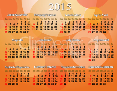 calendar for 2015 year in English and French on the orange