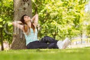 Beautiful woman sitting against tree in park