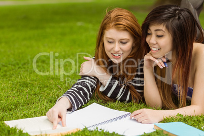 Female students with books in park