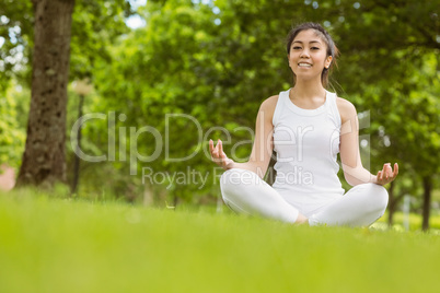 Beautiful woman sitting in lotus pose at park