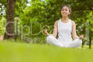 Beautiful woman sitting in lotus pose at park