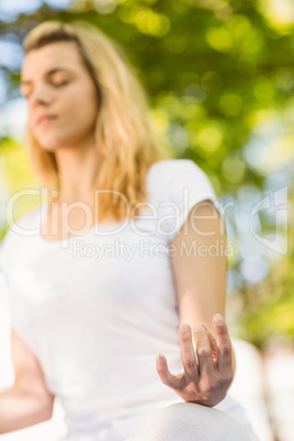 Peaceful blonde doing yoga in the park