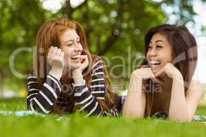 Happy relaxed women lying on grass in park