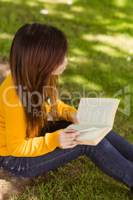 Relaxed female student reading book in park