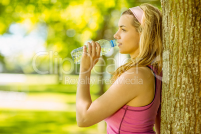 Fit blonde stretching against a tree