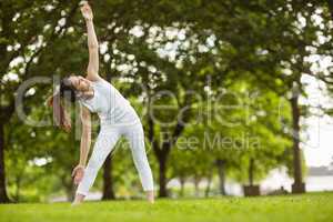 Toned woman doing stretching exercises in park