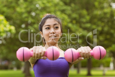 Healthy woman lifting dumbbells in park