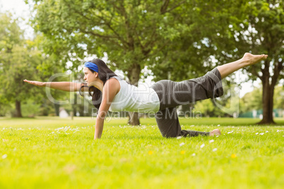 Brunette in balance pose on grass