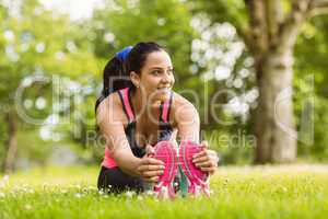 Fit brown hair stretching on the grass