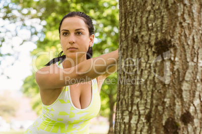 Focused brunette stretching against a tree