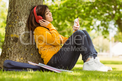 Relaxed woman enjoying music in park