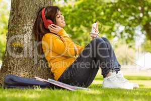 Relaxed woman enjoying music in park