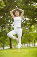 Fit woman standing in tree pose in park