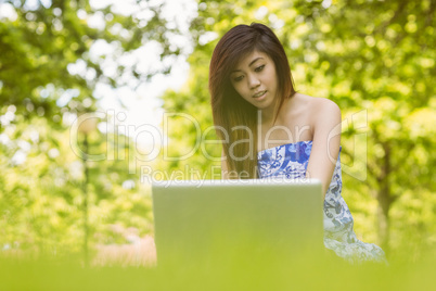 Relaxed woman using laptop in park