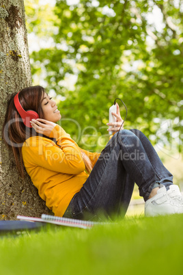 Relaxed woman enjoying music in park