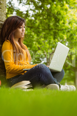 Relaxed woman using laptop in park