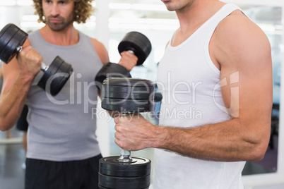 Mid section of men exercising with dumbbells in gym