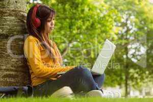 Relaxed young woman using laptop in park
