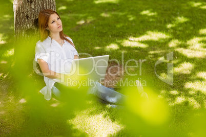 Pretty redhead sitting against a trunk with her laptop