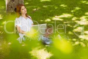 Pretty redhead sitting against a trunk with her laptop